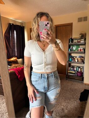 Free people Cropped White Knit Button-Front V-Neck Top